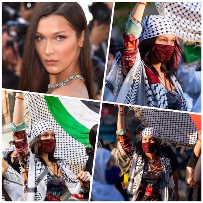 تصاویری از بلا حدید در تظاهرات حمایت از مردم فلسطین در نیویورک/ چهره‌های مشهور جهان که از فلسطین حمایت کردند